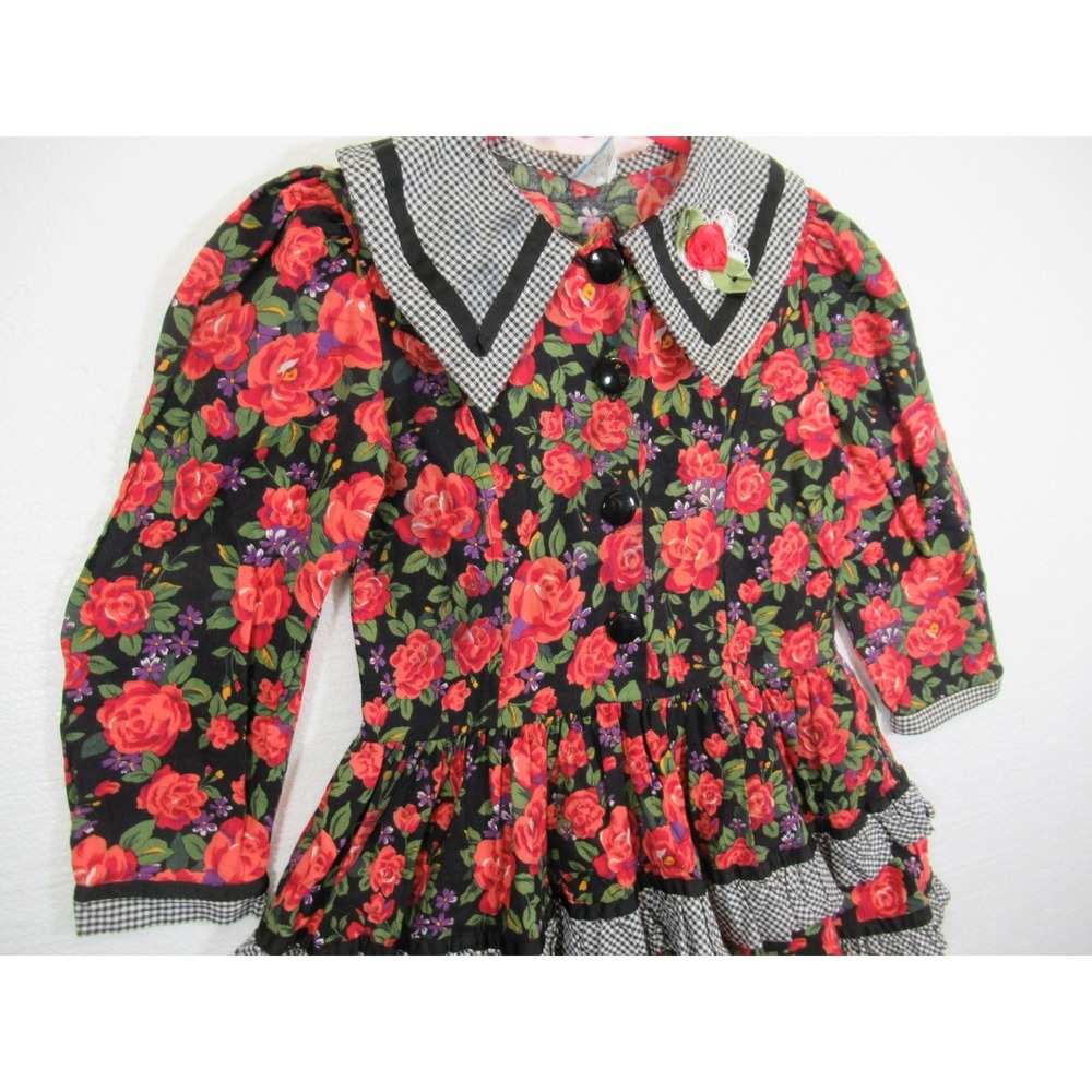 Vintage 90s Floral Bloomcore Dress Girls 5T Ruffles Long Sleeve Cotton - Picture 2 of 5